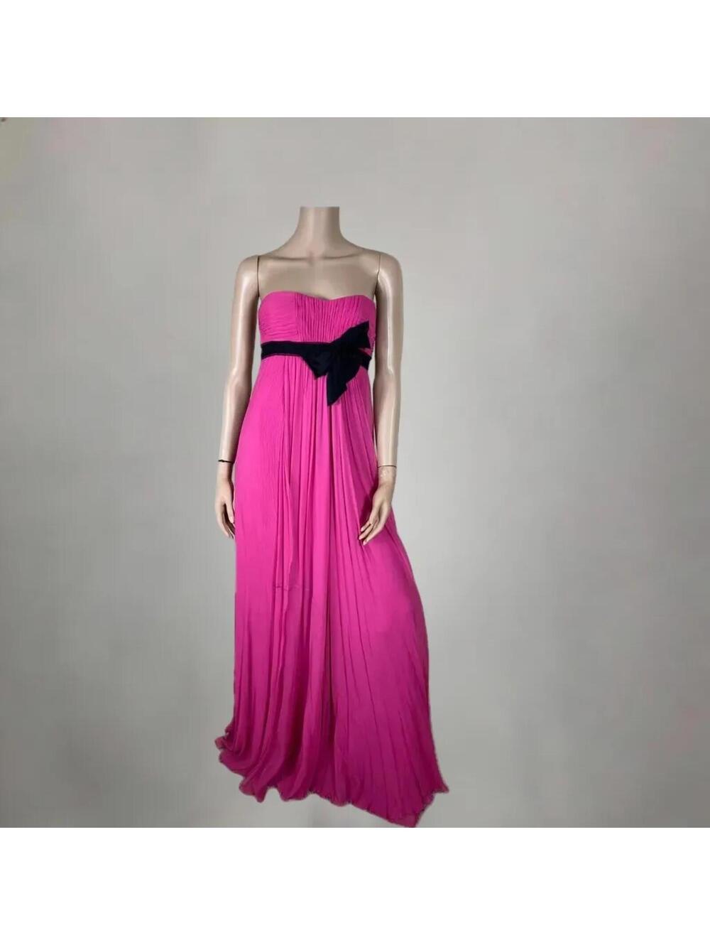 BCBG Hot Pink Strapless Black Tie Formal Evening Gown with Bow 100% Silk